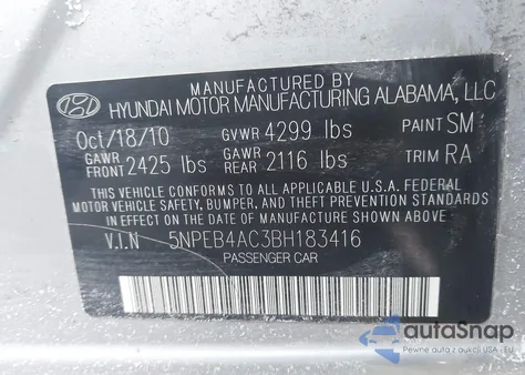 2011 Hyundai Sonata Gls from USA, damaged, VIN 5NPEB4AC3BH183416